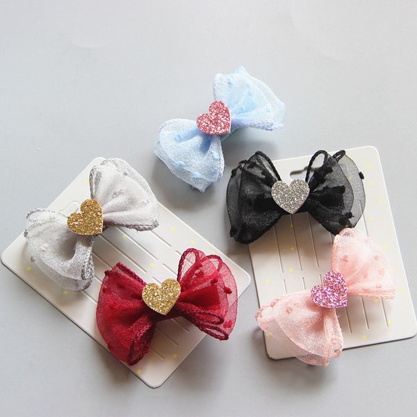 

wholesale 30pcs fashion cute glitter heart hair bow hairpins solid kawaii mini gauze bowknot girls hair clips headare hair accessories, Slivery;white