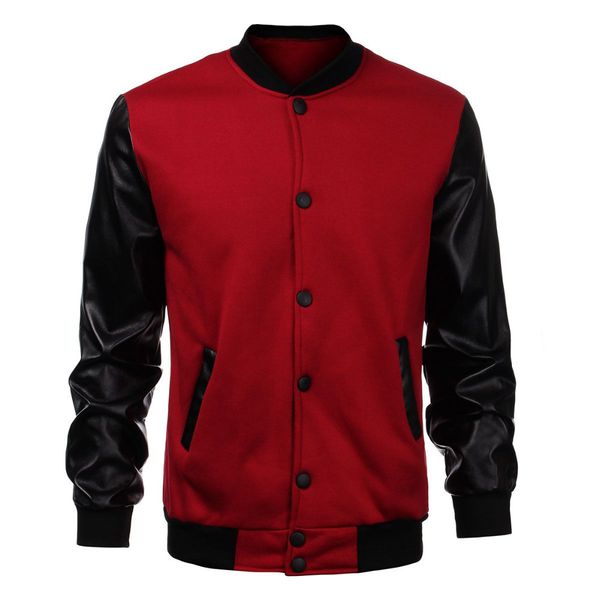 

wholesale- cool mens wine red baseball jacket autumn fashion slim black pu leather sleeve bomber jacket jaquetas men brand varsity jackets, Black;brown