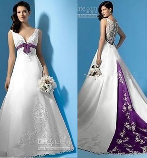 

plus size white and purple wedding dresses empire waist v-neck beads appliques satin sweep train bridal gowns custom made 2019 sale