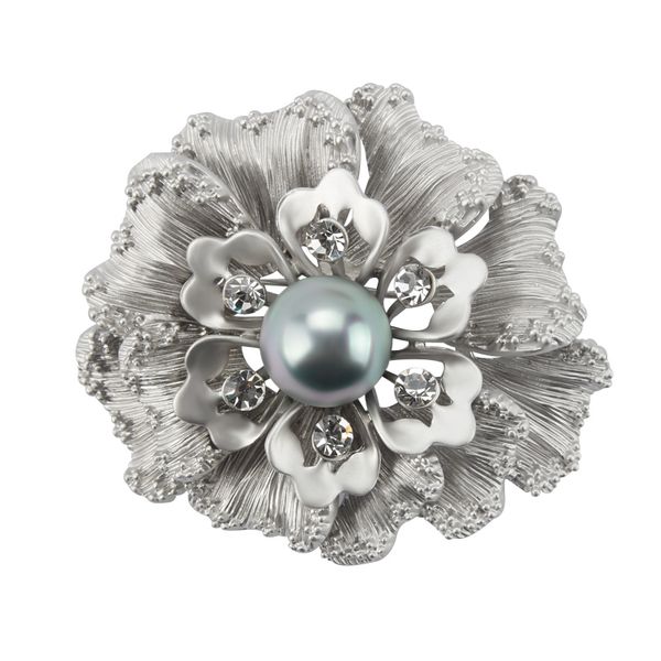 

wholesale- blossom flower wedding brooch pins with imitation pearl in matte gold and matte silver plated, Gray