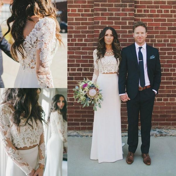 

custom made two pieces bohemian wedding dresses sheath lace long sleeve floor length crop country bridal gowns boho wedding dress, White