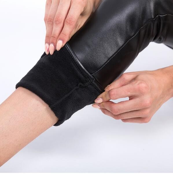 

winter warm women leggings high waist bright black skinny leggings solid faux leather pants, Blue