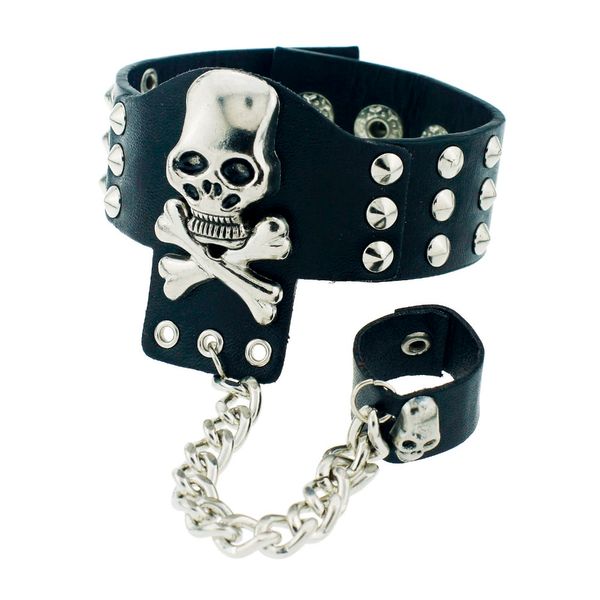 

charm bracelets gothic skeleton skull chain link rock rivet cuff black leather punk bangle bracelet s054, Golden;silver