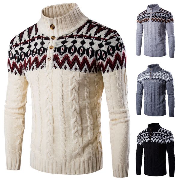 

wholesale- male men's autumn winter stand collar sweaters long sleeve warm print knitted knitwear pullovers slim sweaters coat y1970, White;black