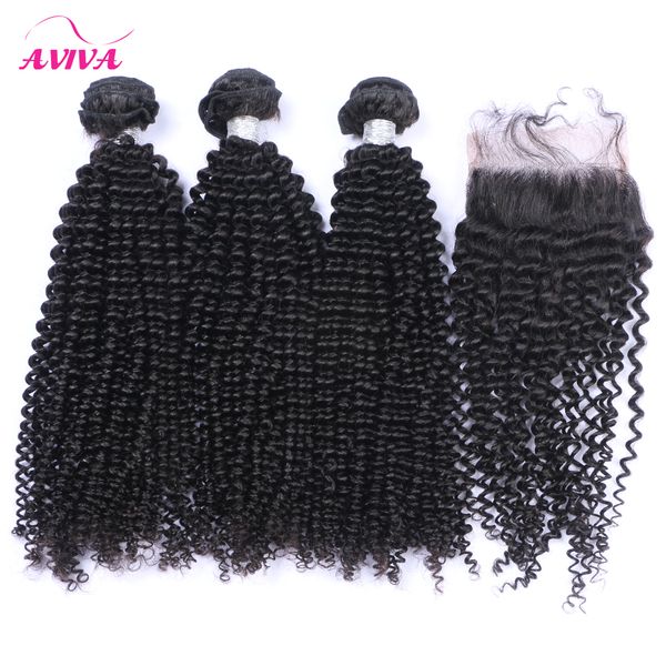 3 Bundles Brasileiro Curly Curly Virgem Humano Waves com fechamento peruano Mongólio Mongólio Cambojano Cabelo Indiano e Lace Feches