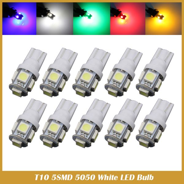 

50pcs t10 led w5w 5smd 5050 194 car led light wedge lamp bulbs auto tail side parking dome door map lights 12v styling