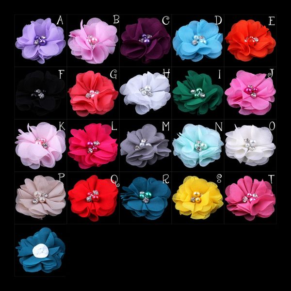 

wholesale- (30pcs/lot)2"  colors mini chiffon flowers with pearl rhinestone center for hair clips lace flower for baby hair accessori, Slivery;white