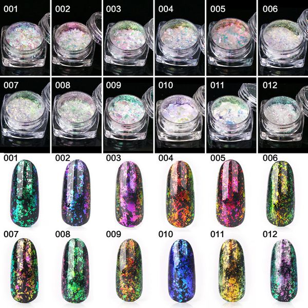 

12pcs / set прозрачный порошок хлопьев Хамелеон ногтей блеск зеркало порошок новый кр