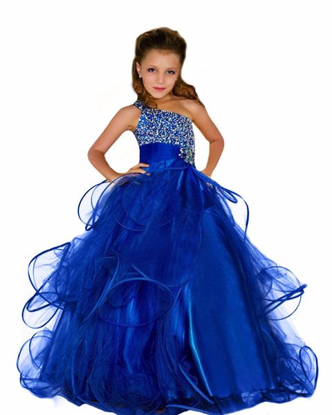 

royal blue beading little girls pageant dresses 2018 one shoulder ruffle beads puffy elegant runway kids formal wear prom gowns, White;red