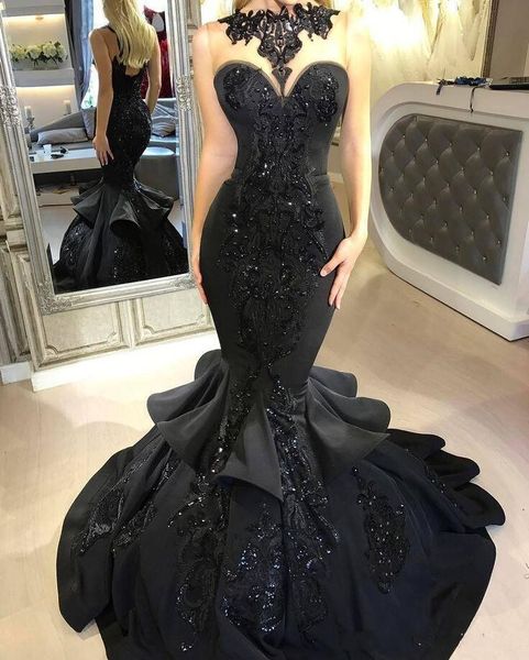 

2018 evening dresses wear black jewel neck illusion lace applique beads sheer back ruffles tiered mermaid sheath plus size party prom gowns, Black;red