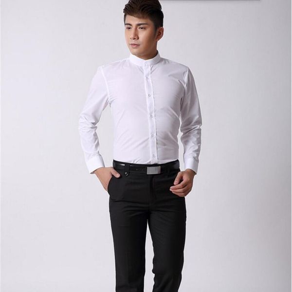 

Китайский стиль мужчины рубашка мандарин воротник бизнес рубашка белый портной сделал slim fit жених свадебный ужин смокинг рубашка