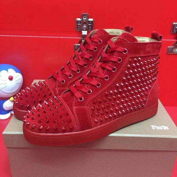 

men&women high-end custom genuine leather red coloured glaze nail casual shoes high locomotive design red bottom sneakers size 36-46, Black