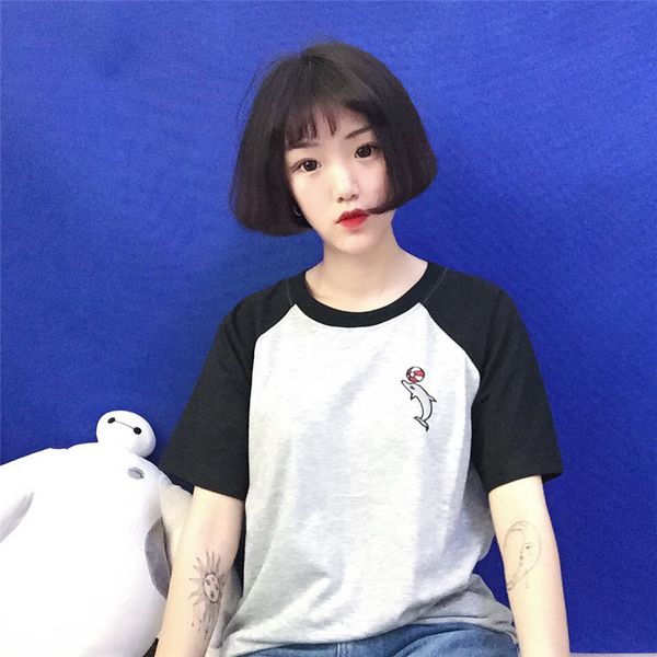 

wholesale- 2017 loose short-sleeve summer all-match t shirt woman dolphin embroidery color block decoration women t-shirt women's cloth, White