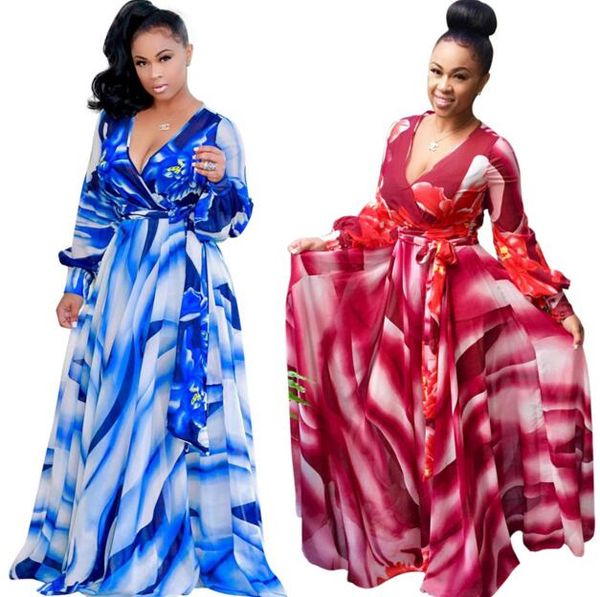 

autumn fashion casual women dress print long skirt beach maxi chiffon dress long sleeve bohemian dress ing, Black;gray