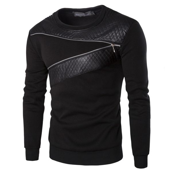 

wholesale-plus size leather patchwork hoodies men zipper decoration long sleeve sweatshirt men's leisure hoodie clothes ya355, Black