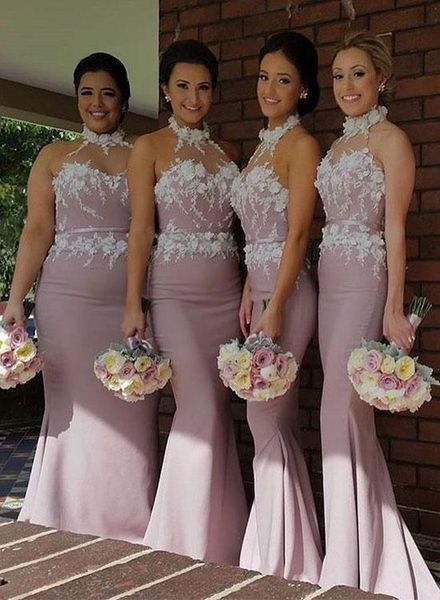 

halter mermaid bridesmaid dresses 3d floral applique illusion maid of honor dress sleeveless plus size evening gown party wear prom dress, Blue;red