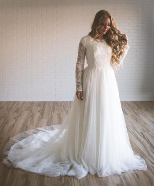 Abiti da sposa modesti a-line a maniche lunghe Top in pizzo Gonna in tulle con perline Abiti da sposa informali country western Custom Made Spedizione veloce