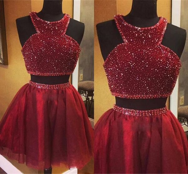 

bling bling two pieces short burgundy homecoming dresses jewel neck beaded sequin mini prom party gowns tulle, Blue;pink