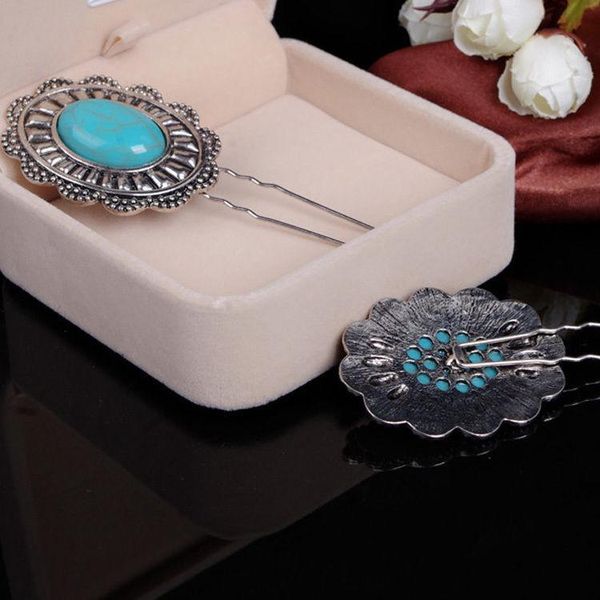 Forcine per capelli Donne alla moda Retro Vintage Blu turchese Perline Tibet Silver Hairpin Hair Clips # T701