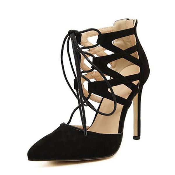 Новый стиль летних женщин насосы полые крестские шнуры римские на высоком каблуке обувь дамы сексуальные шпильки заостренные носки женские туфли 11 см высота