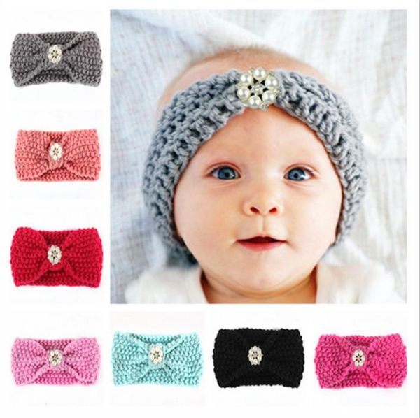 

autumn winter cute europe girl baby knitted earmuffs headbands girls hair bands rhinestones childrens hair accessories headwraps 11 colors, Slivery;white