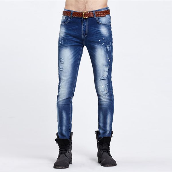 

trendy cut hole ragged beggar pants mens ripped skinny jeans famous designer slim casual denim jeans, Blue