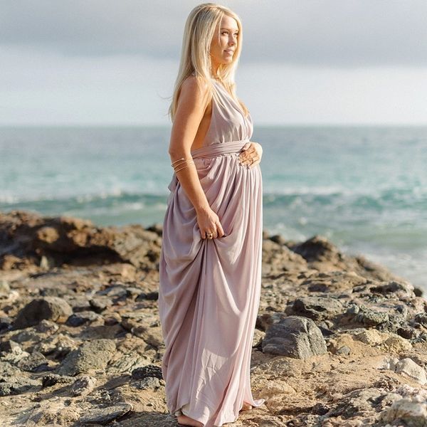 

Sexy Halter Neckline Pregnant Evening Dress Draped Chiffon A-line Open Back Purple Color Floor Length Long Evening Dress For Pregnancy