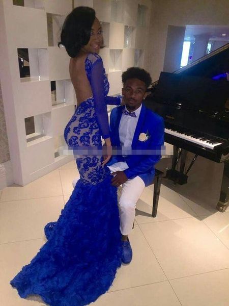 

Черная девушка 2017 Royal Blue Lace Prom Вечерние платья Русалка Bateau Иллюзия Длинные рукава Формальные вечерние платья Арабский