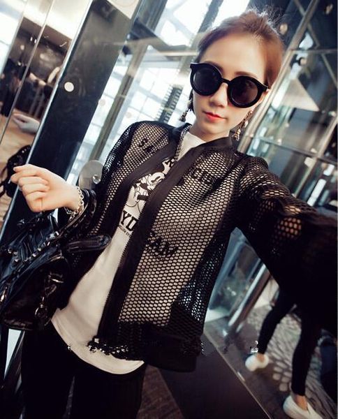

wholesale- new 2016 summer slim fit hole mesh net jacket women korean casual black and white hollow out coats manteau, Black;brown