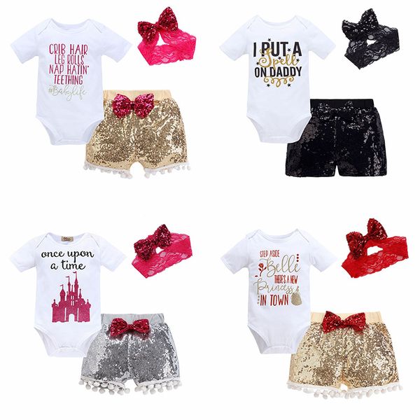 

baby three-piece clothing sets sequins baby rompers children jumpsuits for boys girls pants shorts hairband hats 6m-3t, White