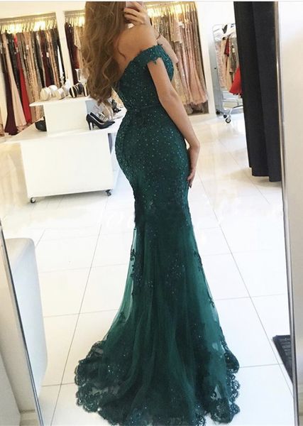 

2017 prom dresses off shoulder hunter green lace appliques beaded mermaid long open back evening dress party pageant formal gowns, Black