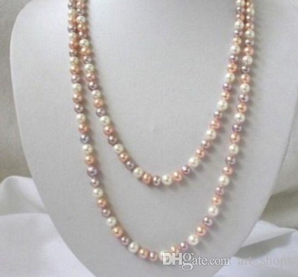 

7-8mm white pink purple multicolor freshwater pearls necklace 34", Silver