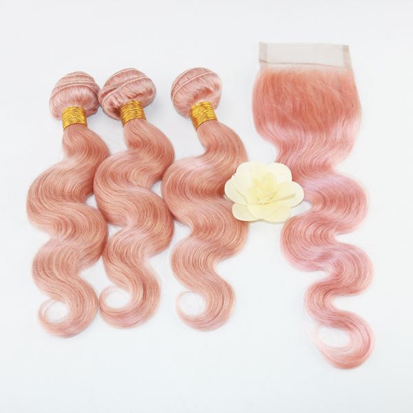 

wholesale price brazilian virgin hair 3 bundles with closure unprocessed 100% human hair bundles with lace closure color pink# body wave, Black