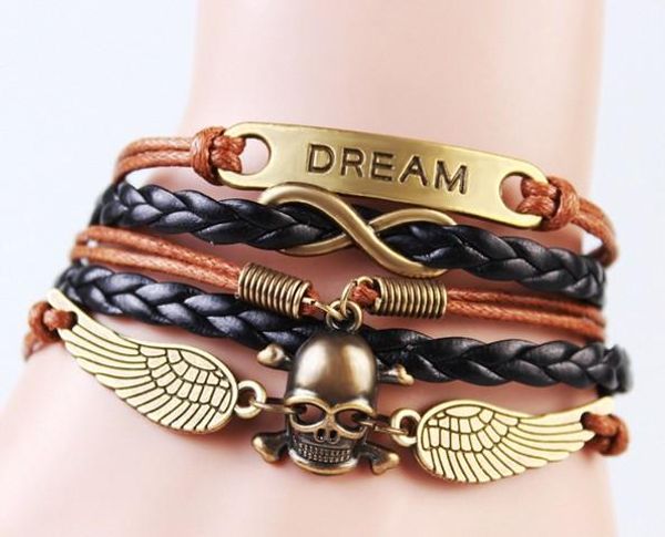 

boho dream wrap bracelets gothic dream gold tone angle wings skull woven leather wrap bracelets, Golden;silver