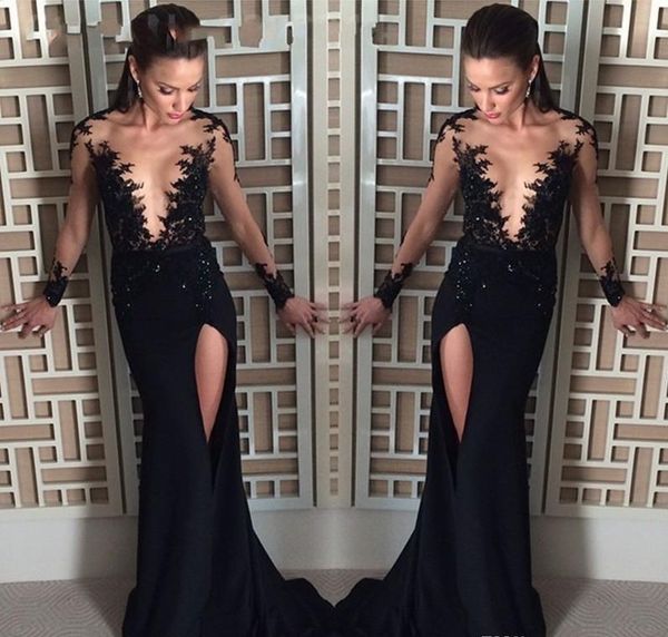 

side split evening dresses sheer plunging neckline long sleeves prom dress count train black sequins beads long mermaid party gowns