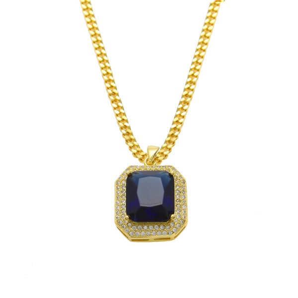 

HipHop Mens 14k Gold Plated Iced Out Red Ruby Octagon Necklace Pendant with 3mm Chain Men/Women Red Black Ruby Necklace