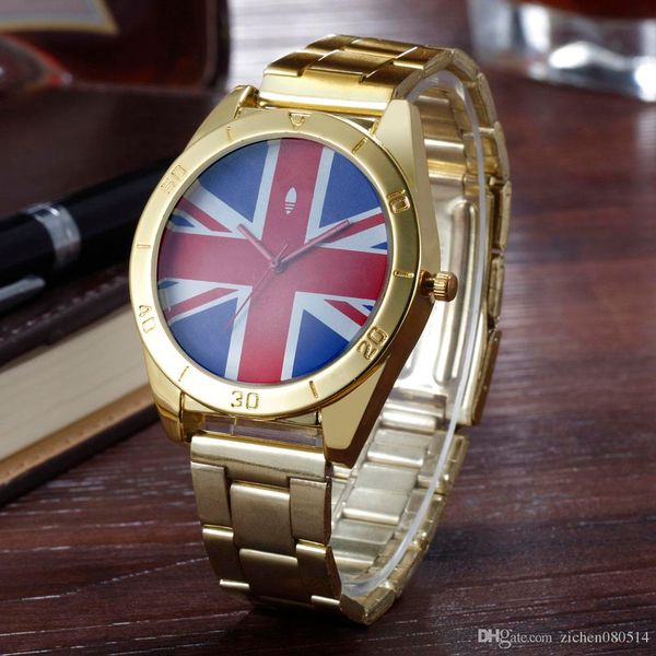 

Fashion AD Clover women's Men's unisex 3 leaf leaves British flag style dial Steel metal band quartz wrist watch AD07