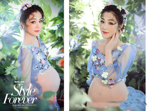 

maternity pgraphy props pregnant women lace dresses pregnancy p shoot shorts sleeves flower long dress, White