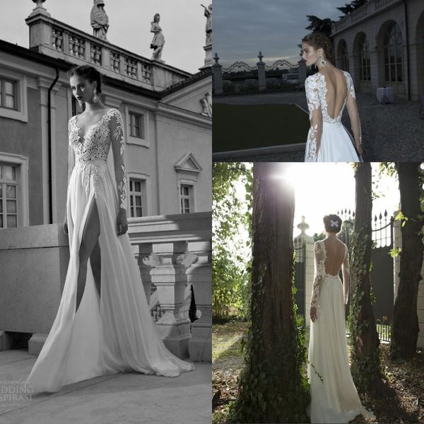 

2019 a line свадебные платья berta с v-образным вырезом иллюзия с длинным рукавом без спинки с разрезом и шифоном, White