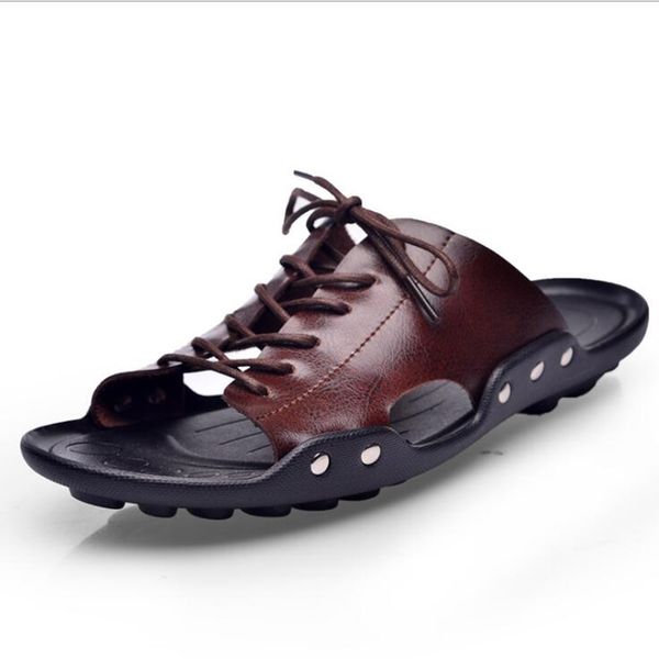 

summer tide mens slippers british fashion men sandals genuine cow leather lazy beach sandals flip flops men summer shoes, Black