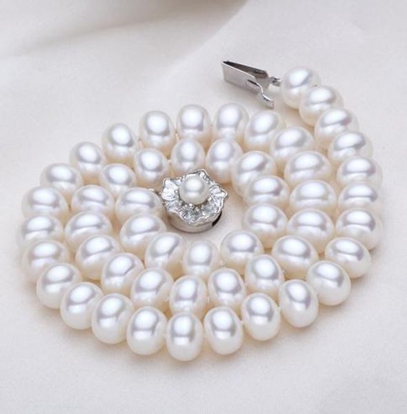 

9-10mm oval white natural pearl necklace 17 inch 925 silver clasp