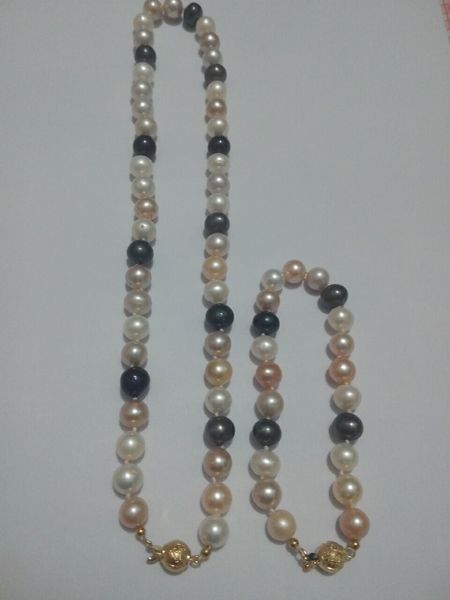 

fine natural pink purple black white 8-9mm pearls necklace 17-18inches bracelet 7-8inches set, Silver