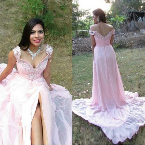 

light pink cap sleeve chiffon long bridesmaid dress lace applique front split maid of honor gowns wedding guest formal party dress, White;pink