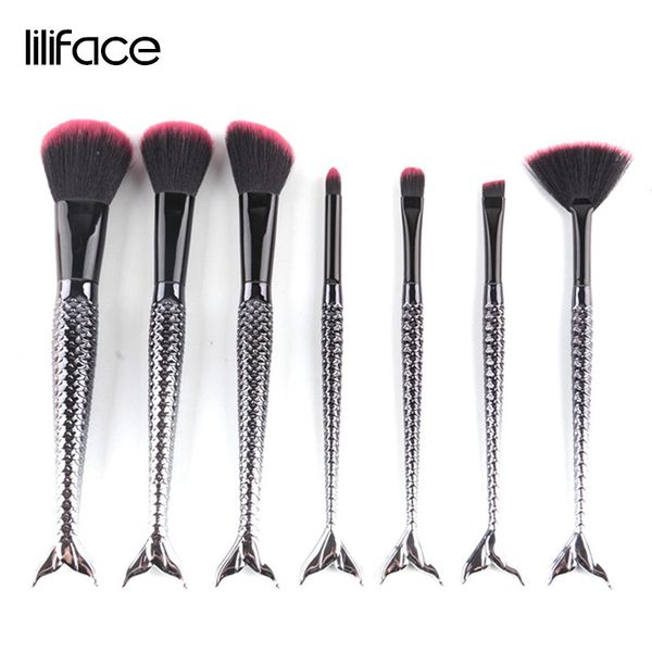 Schwarz 7-teiliges Meerjungfrau-Make-up-Pinsel-Set, Foundation, Rouge, Lippen, Lidschatten, Fächerpinsel, kosmetische Schönheit, Make-up-Pinsel-Werkzeuge