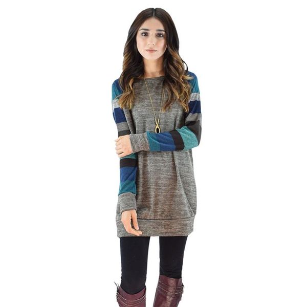 

2017 autumn winter women dresses long sleeve o neck striped patchwork casual cotton yellow blue party dresses plus size women clothing, Black;gray