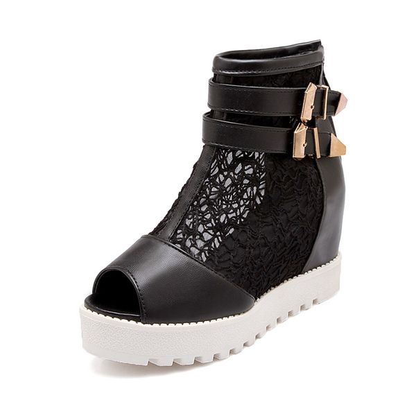 

2017 new plus big size 34-43 black white beige buckle zip high heel platform wedge autumn females lady ankle women boots