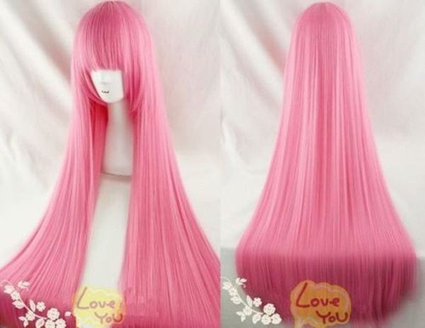 Venda quente NOVA rosa longa reta peruca cosplay 100 cm