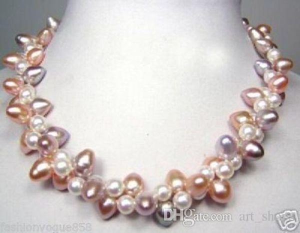 

2rows white pink purple freshwater pearl twist jewelry necklace, Silver