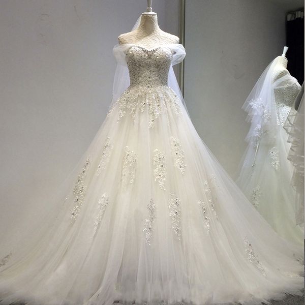 

ball gown wedding dress with appliques lace up 2018 bateau neck wedding gowns beaded marriage gowns, White