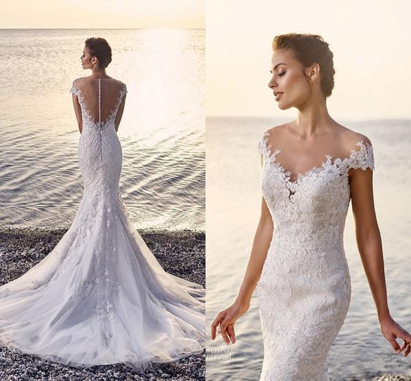 

berta sexy luxury иллюзия кружева аппликация русалка свадебные платья 2017 винтаж sheer cap рукава покрыты кнопка длина до пола свадебные пл, White